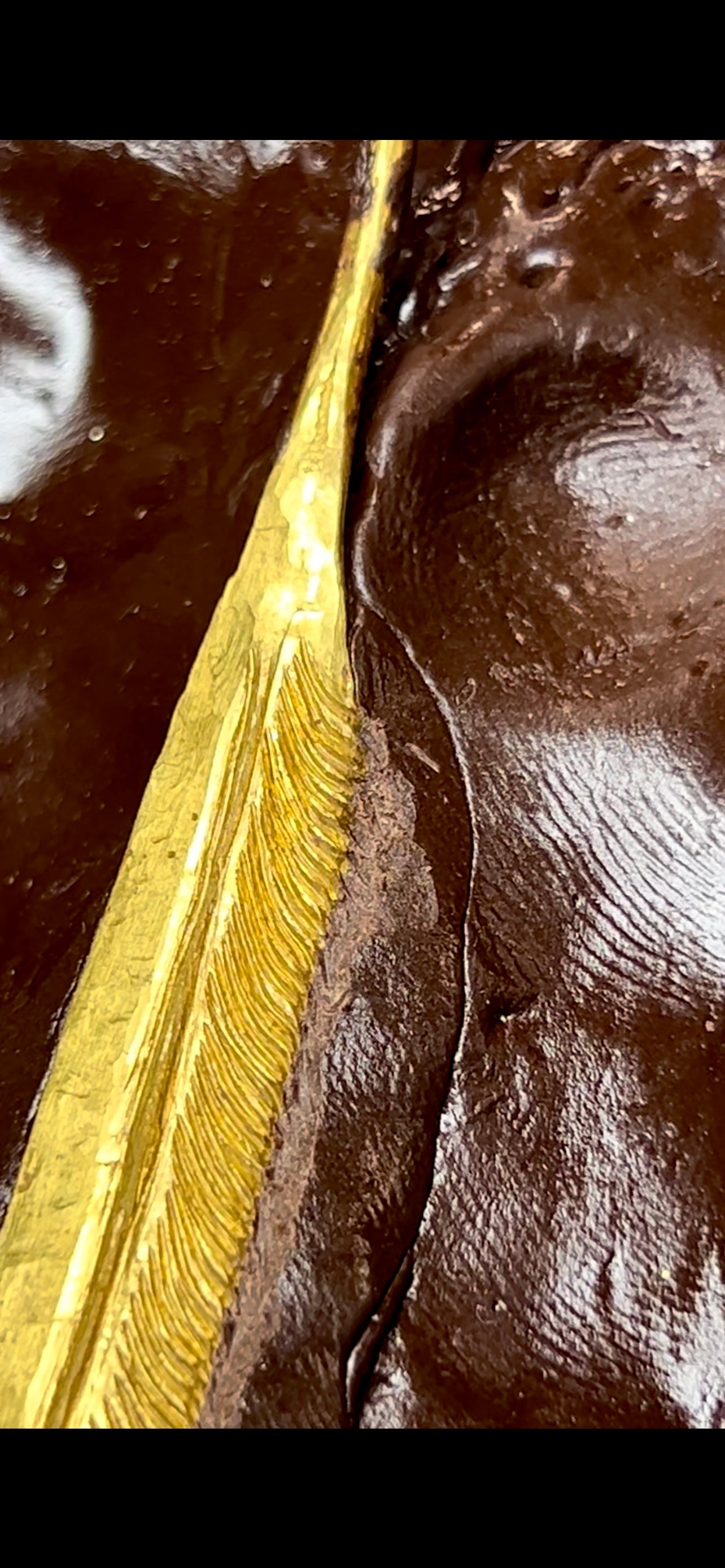 A photo of a gold feather that used chasing techniques, beautifully lit and styled.
