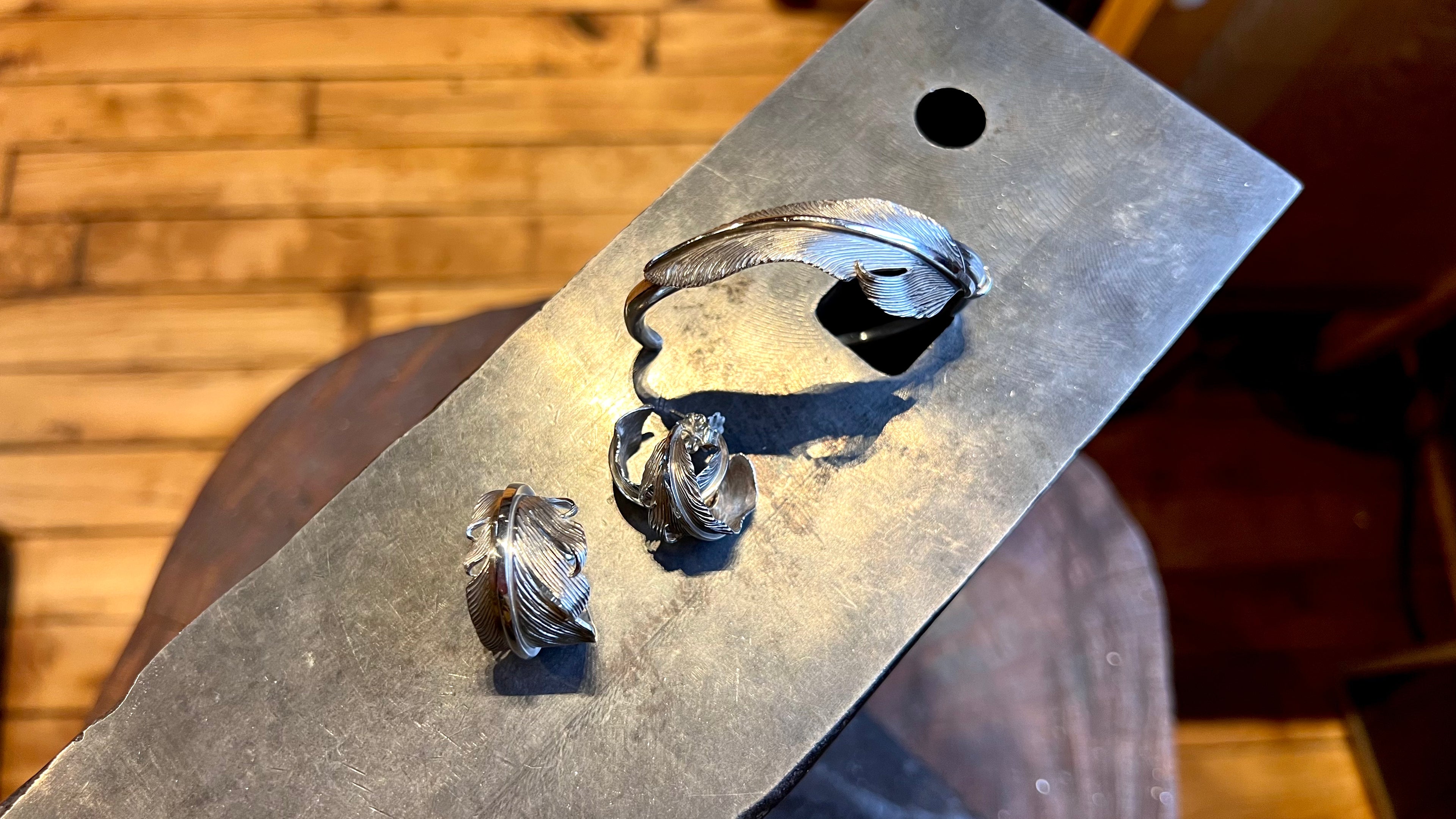 Jack Hsu Studio Made-to-Order Collection Repousse Feather Cuff, Ring, and Earrings