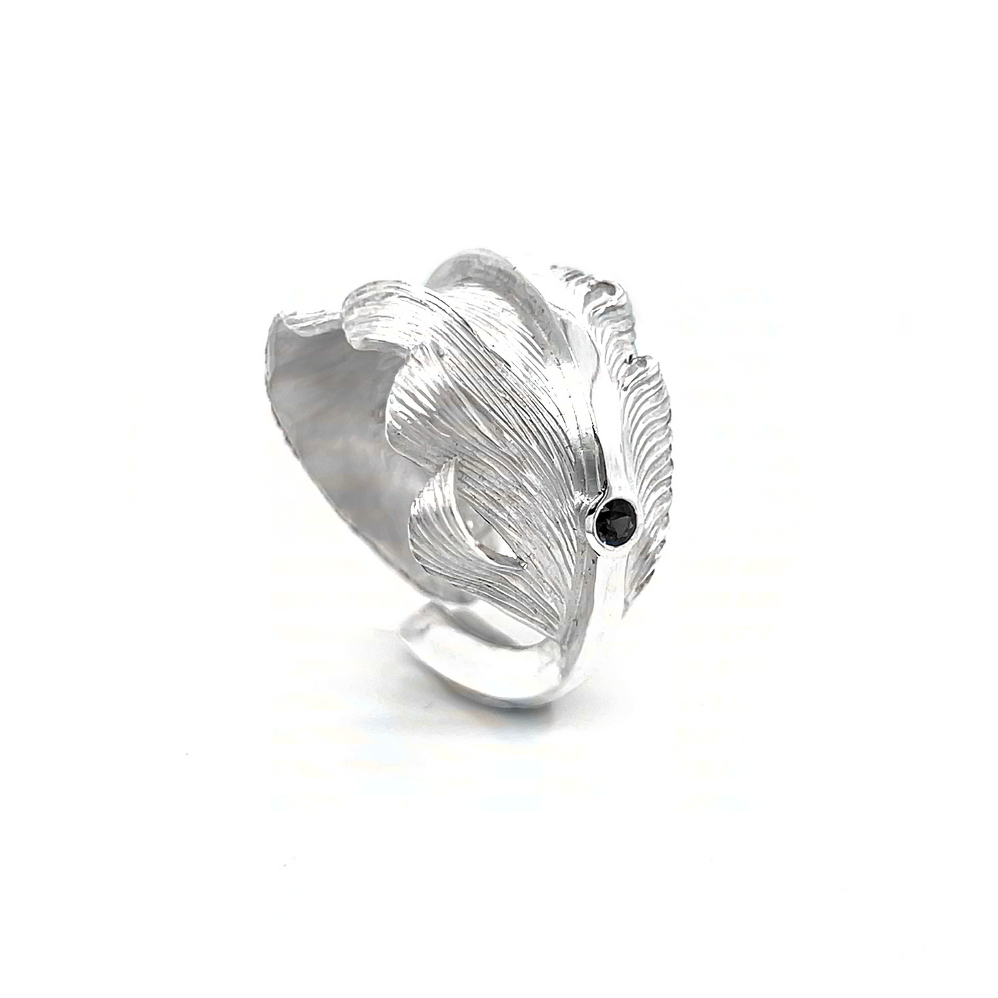Jack Hsu Studio Made-to-Order Collection Repousse Feather Ring set with natural blue sapphire