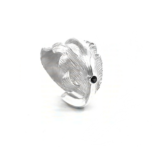 Jack Hsu Studio Made-to-Order Collection Repousse Feather Ring set with natural blue sapphire