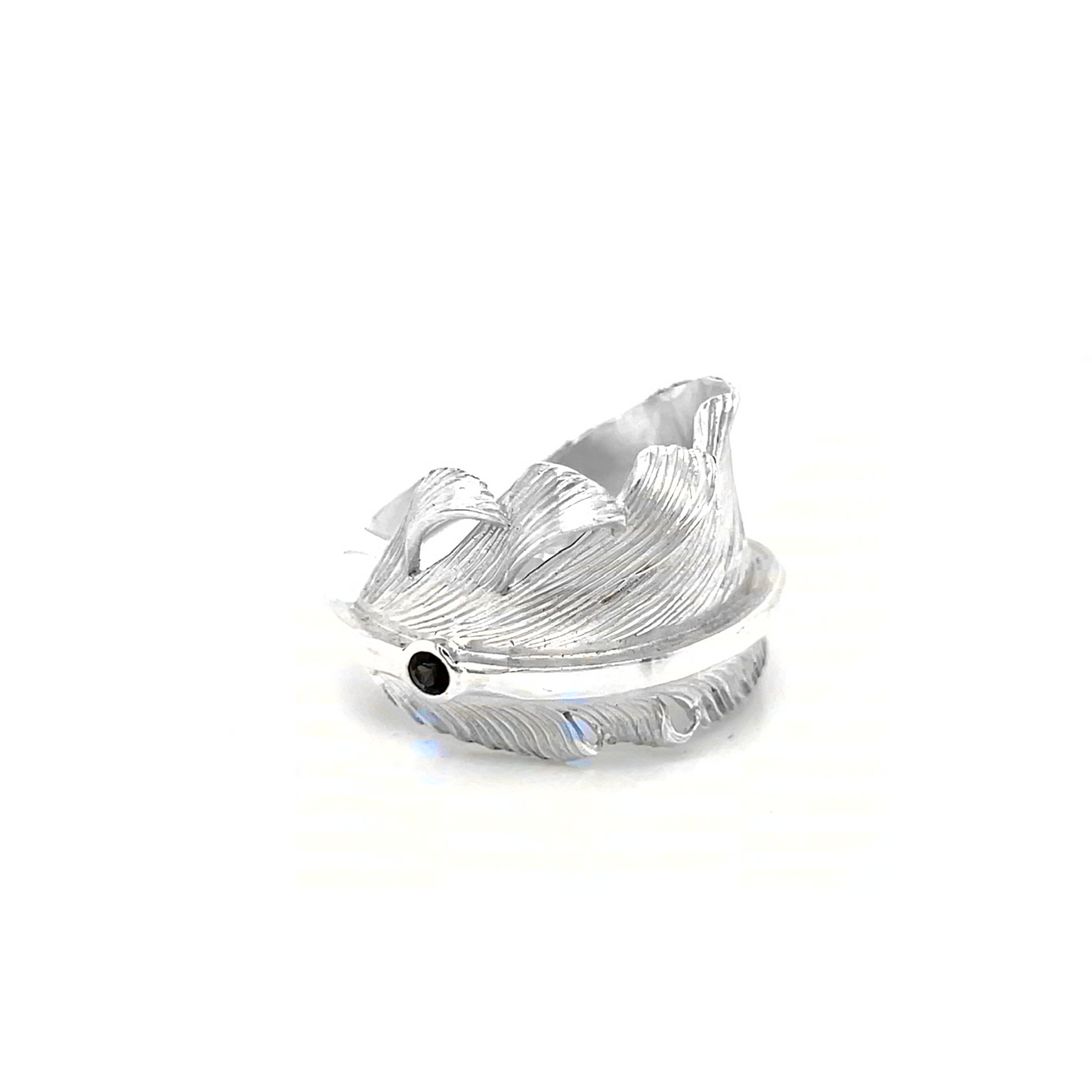 Jack Hsu Studio Made-to-Order Collection Repousse Feather Ring set with natural blue sapphire